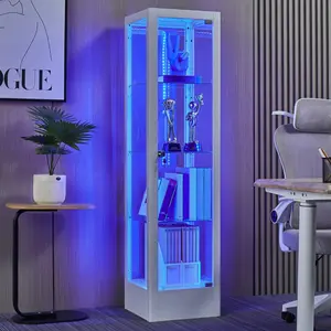 BEKRVIO 63" Glass Display Cabinet with 20 Color LED Lights, 4-Tier Tempered Glass, Adjustable Shelves, Metal Display Case, and Lock & Key System