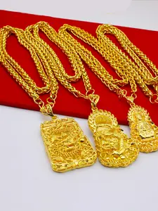 Men's Gold Plated Large Pendant Necklace, Flame Square Dragon Buddha Amulet, Wholesale Jewelry, Live Stream Special Offer, Exquisite Jewelry Gift