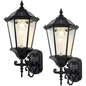Decorative Solar Wall Light Outdoor Lamp, Waterproof Dusk to Dawn Soalr Wall Lantern, LED Wall Mount Light Fixture, 21" Large, Aluminum Housing Plus Glass, Cool + Warm White(2 Pack)