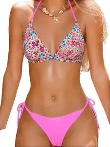 Cali Chic Swimsuit Women Sweet Floral Print Padded Halter Neck Self Tie Triangle Bathing Suit Multi Color Two Piece
