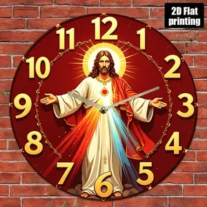 2D flat design, 1 piece Jesus Christ statue clock with divine glow - non-luminous round wall clock, suitable for church, home, office decoration, silent sweep movement, no ticking sound, Jesus Christ religious gift, suitable for prayer room, bedroom, 2D f