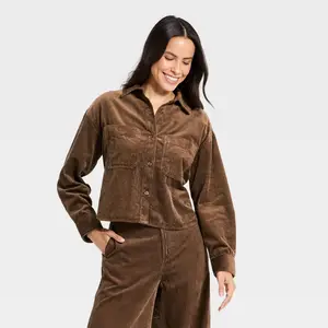 Women's Long Sleeve Cropped Corduroy Collared Neck Button-Down Shirt - Universal Thread Brown XS