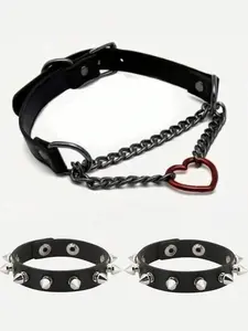 Punk Style Spiked Leather Necklace Bracelet Set, Dark Metal Rivet Wristband, Unique Cool Street Fashion Accessory (set of Two)
