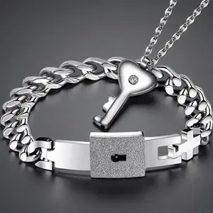 Heart Lock & Key Couple Bracelet Necklace Set, Titanium Steel Non-Fading, Unique Design Matching Jewelry, Valentine's Day Birthday Gift for Girlfriend