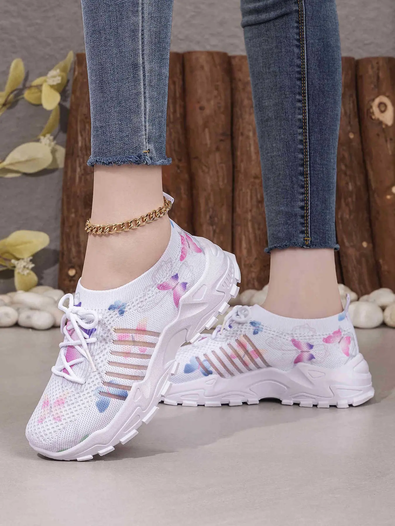 Women's Versatile Butterfly Print Knit Lace-Up Sneakers, Casual All-Day Platform Shoes, Knit Mesh Sneakers, Thick Sole Sneakers