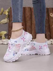 Women's Versatile Butterfly Print Knit Lace-Up Sneakers, Casual All-Day Platform Shoes, Knit Mesh Sneakers, Thick Sole Sneakers