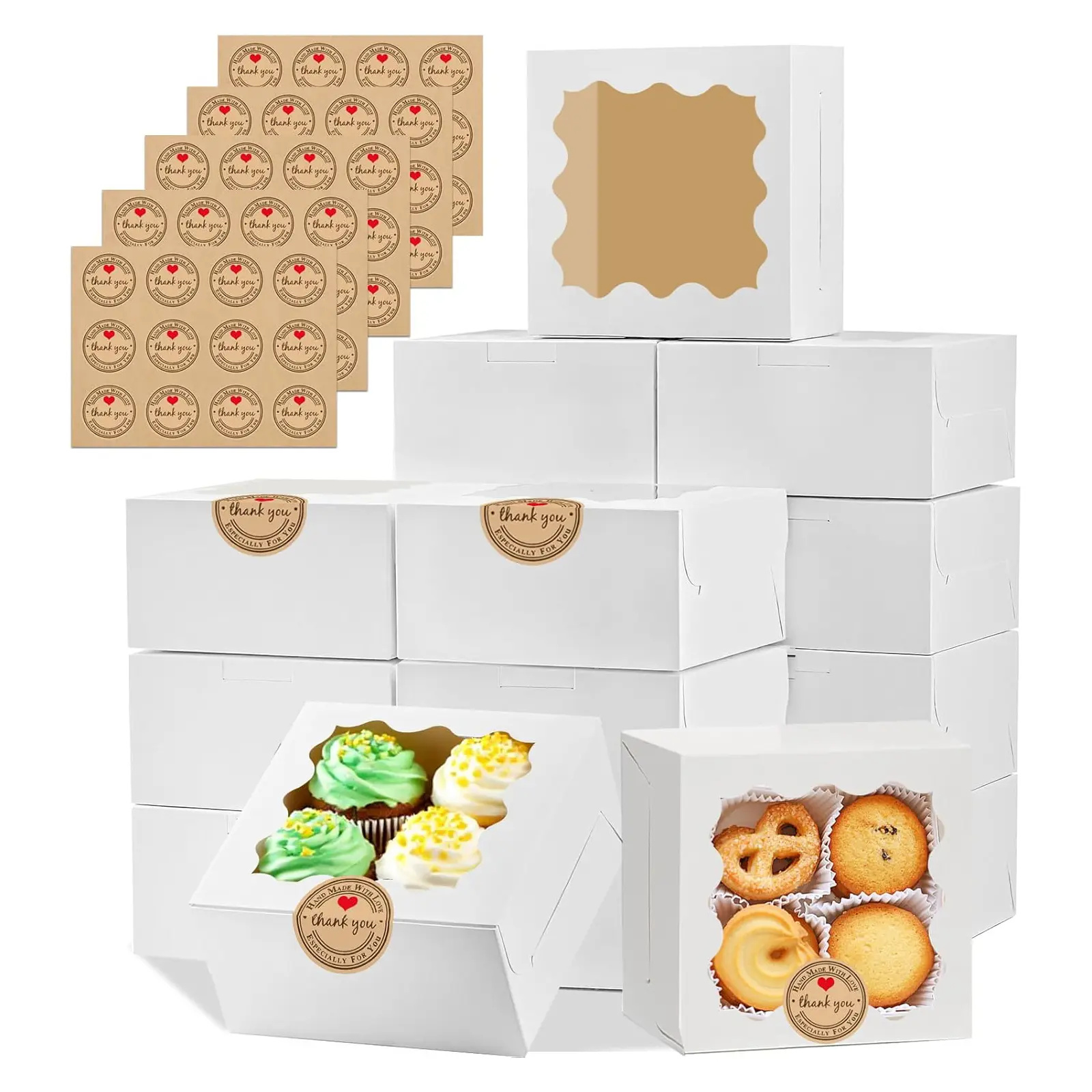 50 Pack White/Brown Cookie Boxes, 4x4x2.5 Inches Bakery Boxes with Window, Premium Cake Box, Baking Supplies, for Mini Cake Treat Dessert Pastry Donuts Macaroon Strawberries Chocolate Candy Christmas Halloween Holiday Accessories (with Stickers)