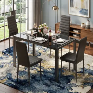 Modern 5-Piece Dining Table Set of 4 - Glass Kitchen Table, High-Back PU Leather Chairs, Space-Saving Comfortable Indoor Furniture for Dining Room, Kitchen