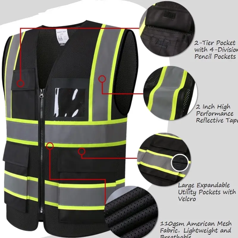 Safety Vest - Black with Yellow Stripes, Collar, and Logo, Suitable for Work and Safety, Includes Top and Shoulder Straps