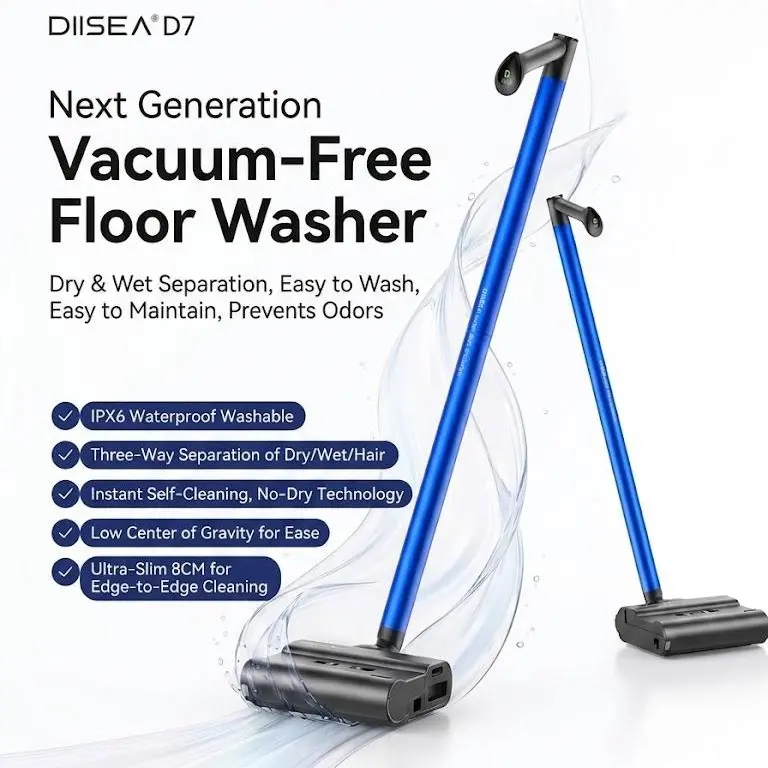 【Summer Sale Deals】DIISEA D7 Cordless Floor Washer & Vacuum | 3.0kg Easy Handling, 180° Flat Recline for 8cm Deep Clean, Streak-Free Fast Drying Polymer Roller, Whisper Quiet 55dB & Long 60 Mins Runtime