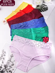 6-piece set of plus size women's threaded cotton underwear, made of comfortable and breathable threaded fabric, with lace decorative waistband design, specially designed for daily wear