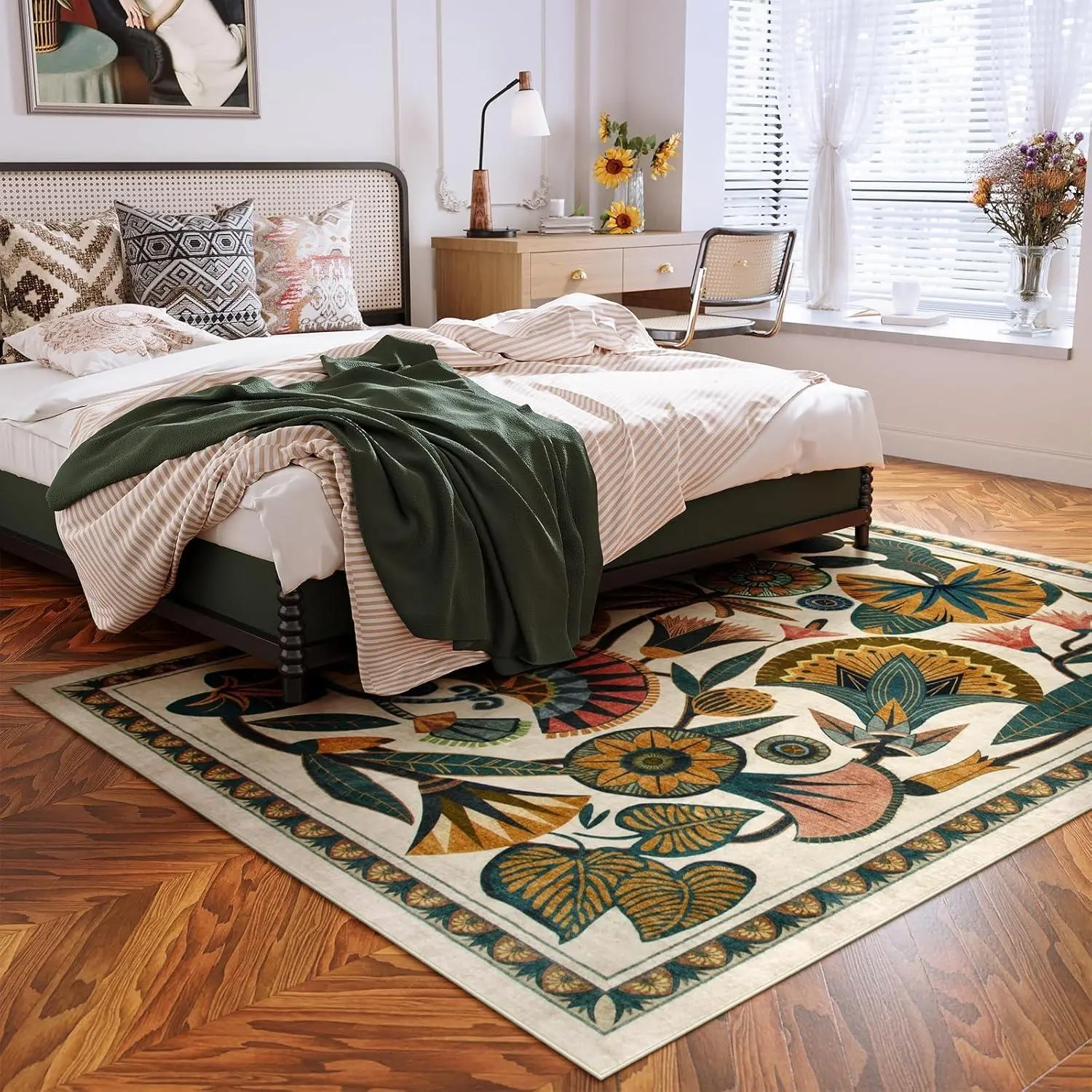 Vintage Floral Pattern Rug, Bohemian Style Rugs, Boho Floral Rug, Non-slip Washable Rug, Soft Decorative Area Rug, Floor Rug for Home Living Room Bedroom Hotel, Polyester Fiber Rug