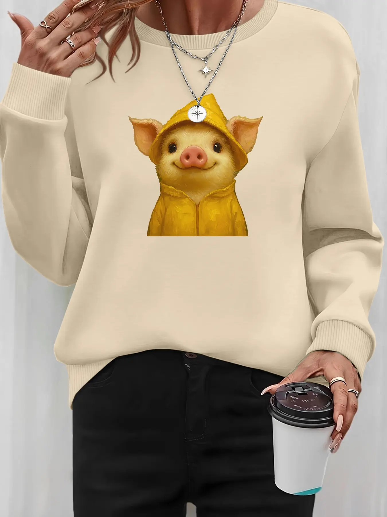 Cartoon PIG Printed Women's Crewneck Lightweight Long Sleeve Graphic Sweatshirt   Oversized Soft  Casual Top Fall Outfit Lounge Wear for Women, Casual Wear for Daily & Home Use
