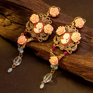 Vintage Cameo Rose Earrings | Ornate Long Dangle Statement Jewelry for Women