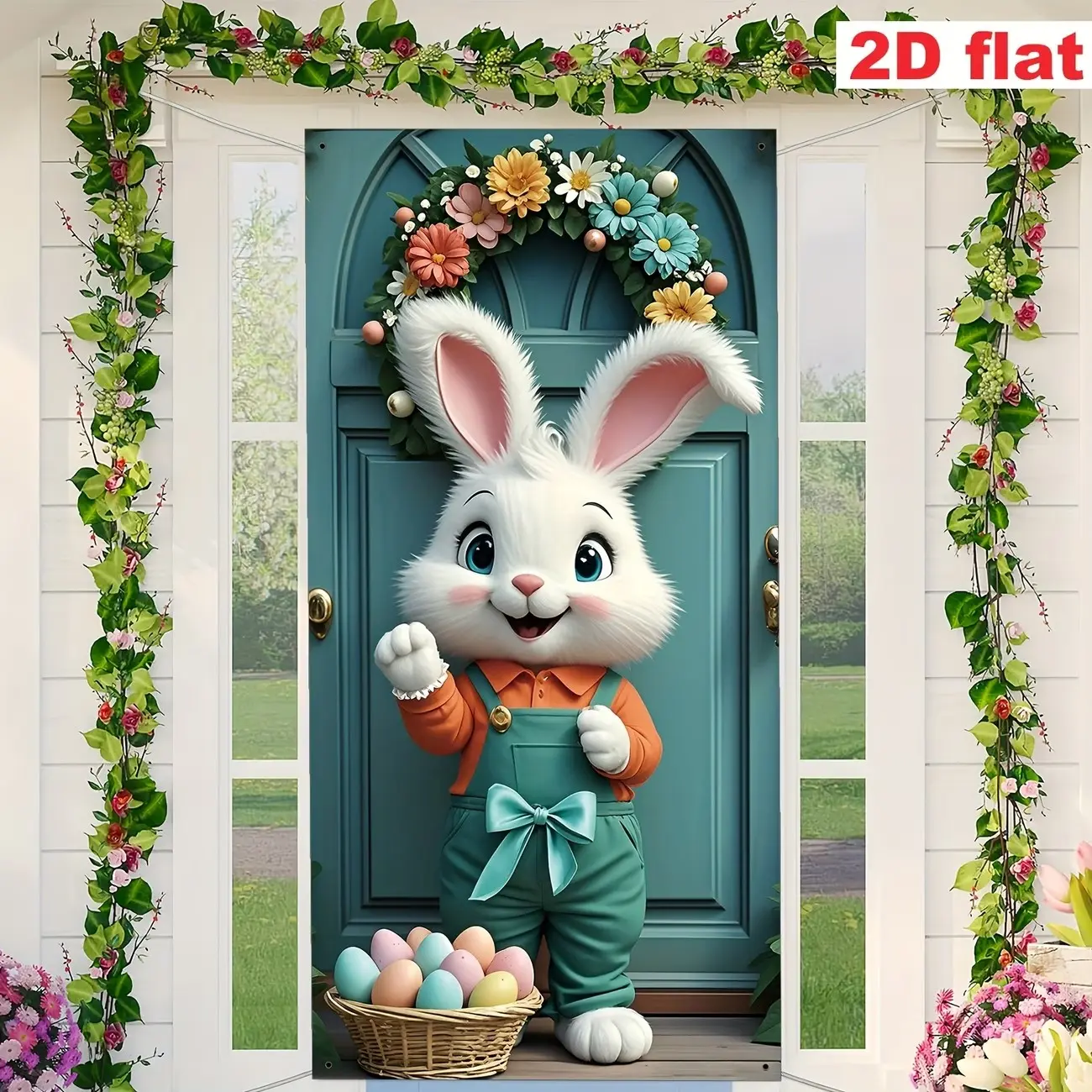 Easter Door Banner Set, Blue Wooden Door Design with Rabbit & Pastel Egg, Polyester Material, No Power Required, Perfect for Holidays, Decorative Banner, Party Decorations Banners