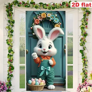 Easter Door Banner Set, Blue Wooden Door Design with Rabbit & Pastel Egg, Polyester Material, No Power Required, Perfect for Holidays, Decorative Banner, Party Decorations Banners
