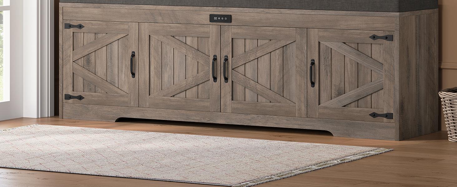 60-in Rectangular Farmhouse Engineered Wood Shoe Storage Bench - Deodorizing, Cushioned Seat, 4 Doors, Freestanding Hidden Rack, Adjustable Shelf, Gray, Entryway/Bedroom Use, Room Storage, Requires Assembly