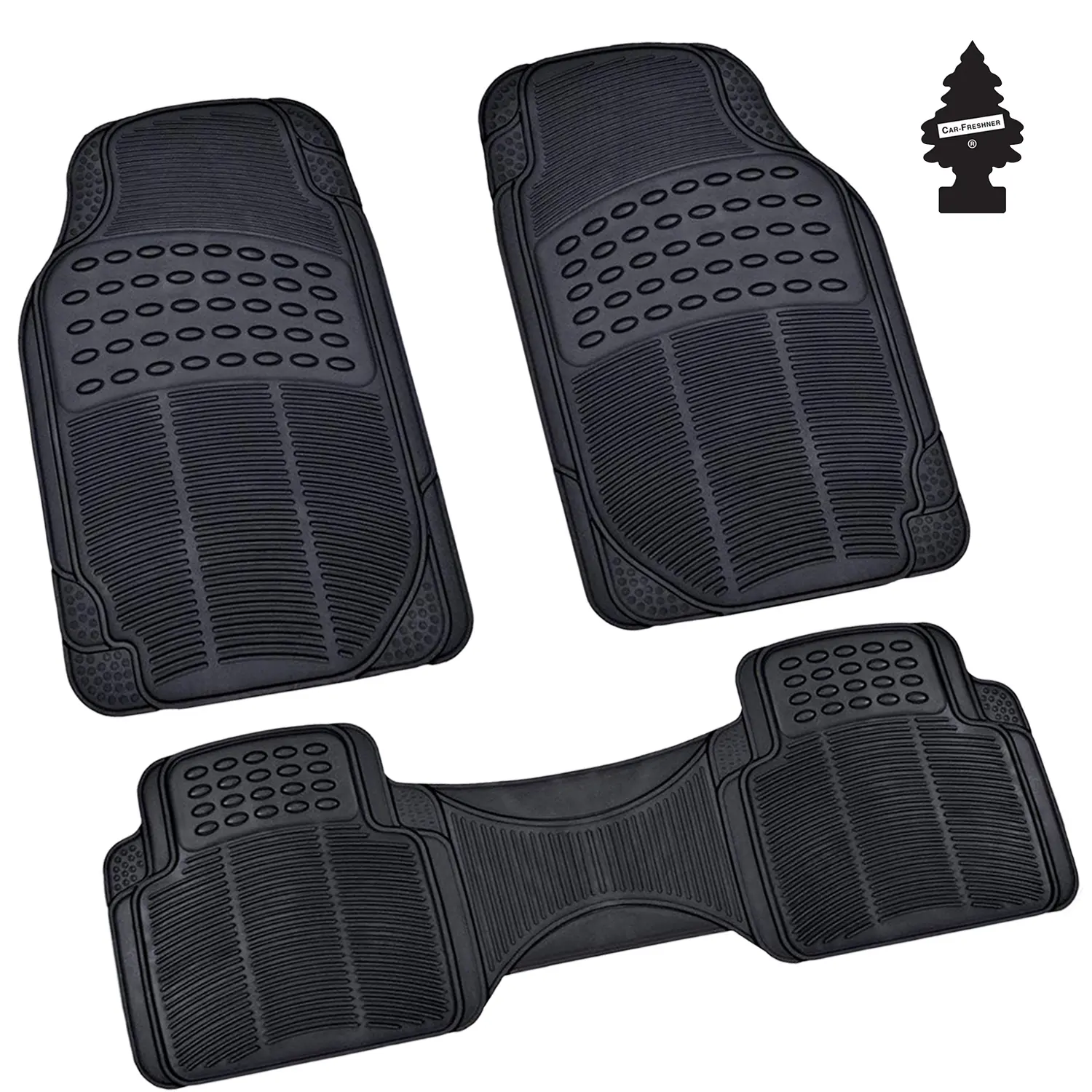 3-Piece Heavy Duty Rubber All-Weather Anti-Skid Floor Mats - 22" L × 14" W × 1" Thick 22x14" Trim-Fit Car Interior Accessory for Trucks, SUVs