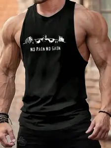Unisex Sleeveless Wide Shoulder Vest, No Pain No Gain Motivational Slogan, Vertical Print Design, Breathable Loose Fit, Gym Streetwear, Fitness Workout Vest