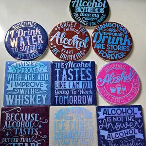 Custom Made Ceramic Coasters with Fun Alcohol Quotes for Bar Decor and Drink Protection