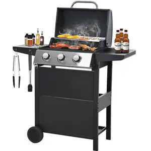 Gas Grill, Stainless Steel 30,000 BTU Patio Garden Barbecue Grill, 3 burner propane grill with Top Cover Lid, Wheels, and 2 Side Shelves, for Outdoor Patio Garden Picnic Back