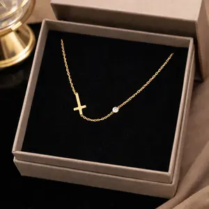 Minimalist Side Cross & CZ Station Necklace – Gold Tone (Women)