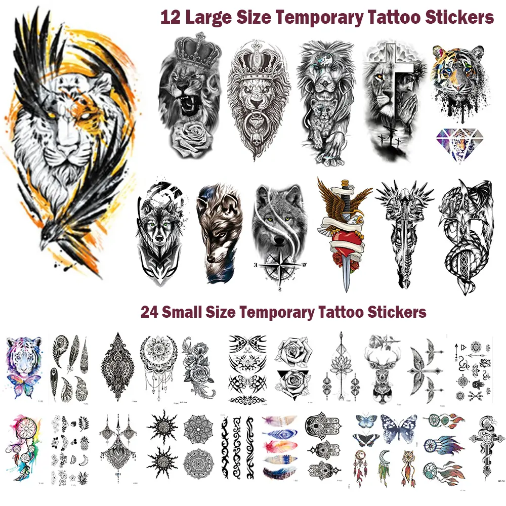 36 Sheets Temporary Tattoo Stickers，12 Sheets Fake Body Arm Chest Shoulder Tattoos For Men or Women with 24 Sheets Tiny Black 12 Henna Designs