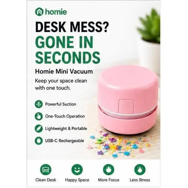 Homie Mini USB Desk Vacuum - Minimalist, 1-Touch Op., Includes Brush, Portable Crumb Cleaner for Desktops/Keyboards, Ideal for Artists, Universal USB Electronic Accessory (1×Homie Mini Desk Vacuum Included)