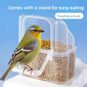 Transparent Food Cup for Parakeet Cage Hanging Parrot Feeder Dish with Stand for Easy Eating Bird Feeding Accessories
