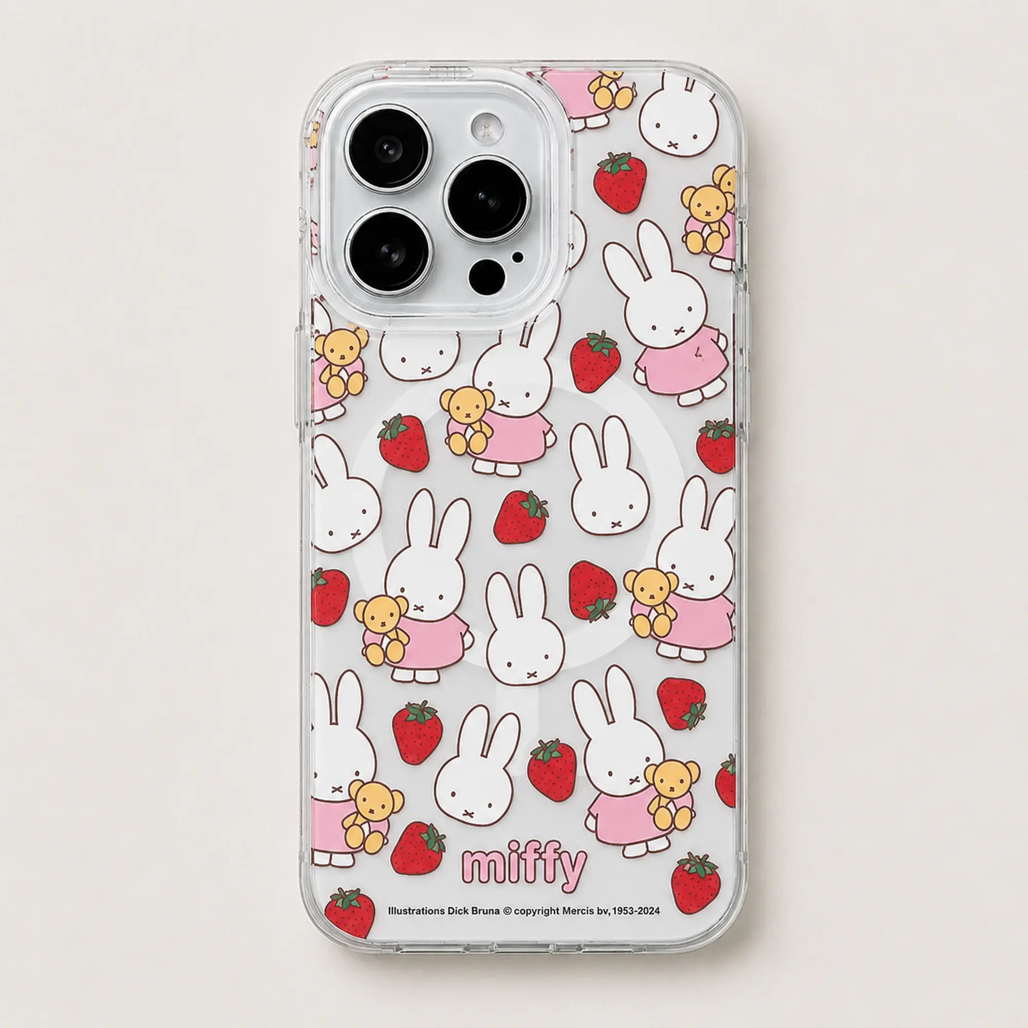 Cute Kawaii Miffy Strawberry Teddy Bear Magnetic Clear Phone Case, Kawaii Bunny Shockproof Protective Cover Compatible with iPhone 11-17 Series & Samsung Galaxy S23-S26 Ultra