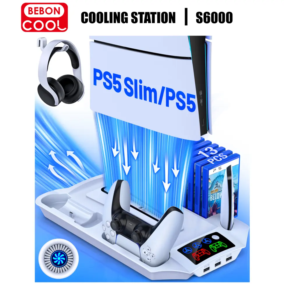 BEBONCOOL Stable Vertical Cooling Stand for Sony PlayStation 5 Disc/Digital & PS5 Slim Consoles - 3-Way LED Cooler Fan, Built-in Controller Charging Dock, 13+ Years All Ages Gamers S6000 Gaming Accessory