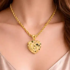 14K Gold Plated Nugget Pendant and Necklace - Textured Heart Minimalist Rope Chain 18" 3mm Small Pendant 14mm Necklace for Men/Women Unisex