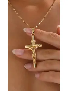 Gold Ferragamo Chain Jesus Cross Necklace Religious Jewelry 3D Crucifix Pendant Polished Textured Chain Everyday Wear Faith Expression