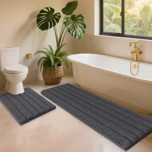 Striped Grey Rug Mat Bath Mat Set 2 piece Soft, Non Slip Bath Rugs, Absorbent Plush Shaggy Bath Mats for, Bedroom,, Shower, Tub,Dark Gray, Charcoal
