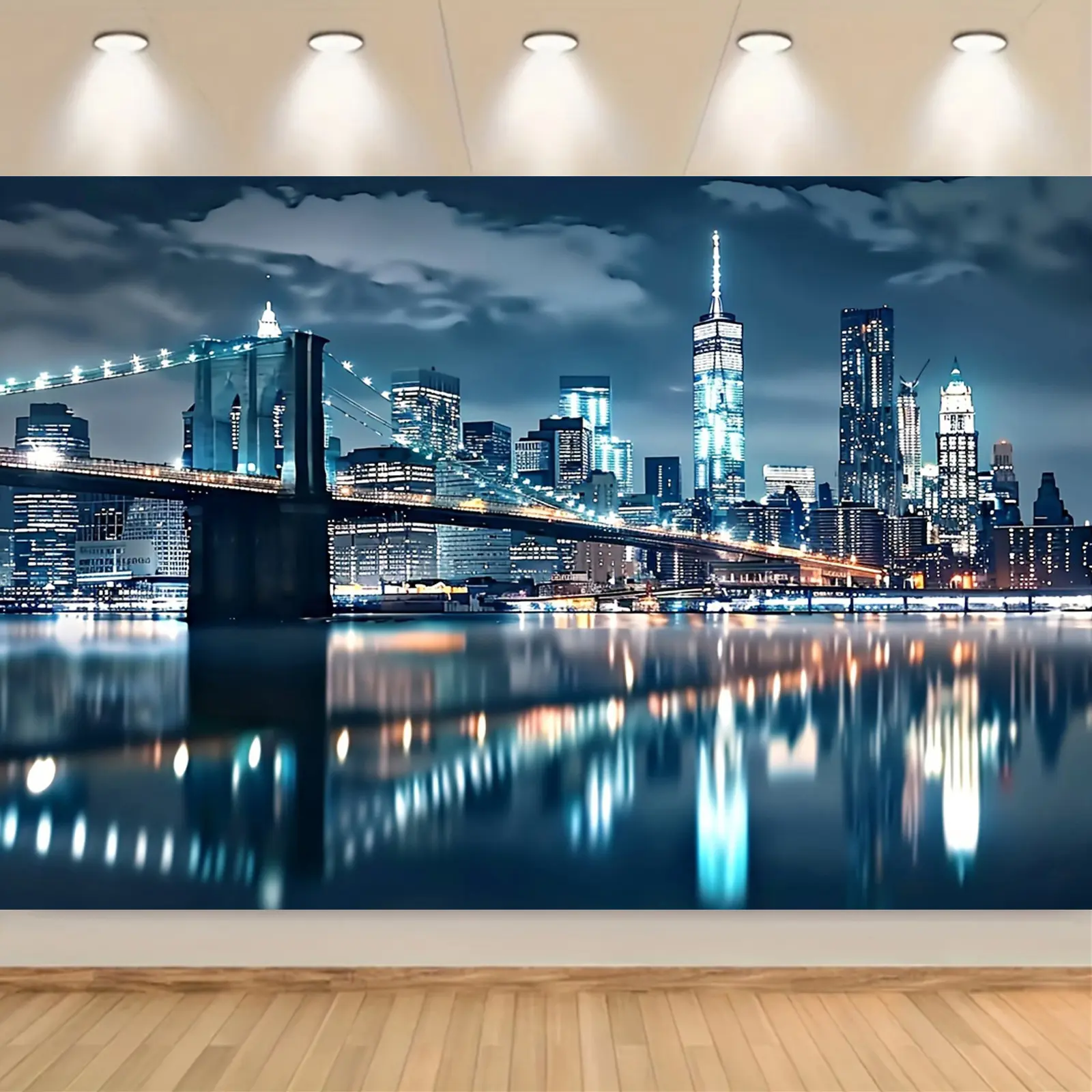 Polyester Decorative Tapestry - 1pc New York City Night Skyline Print, Brooklyn Bridge & Skyscrapers Themed Room Art Home Decor Wall Hanging