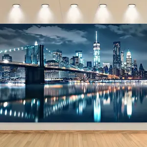 1pc Synthetic Polyester New York City Night Skyline Tapestry - Brooklyn Bridge & Skyscrapers Wall Hanging, Vibrant Night Scene Home Decor, Living Room Accessory
