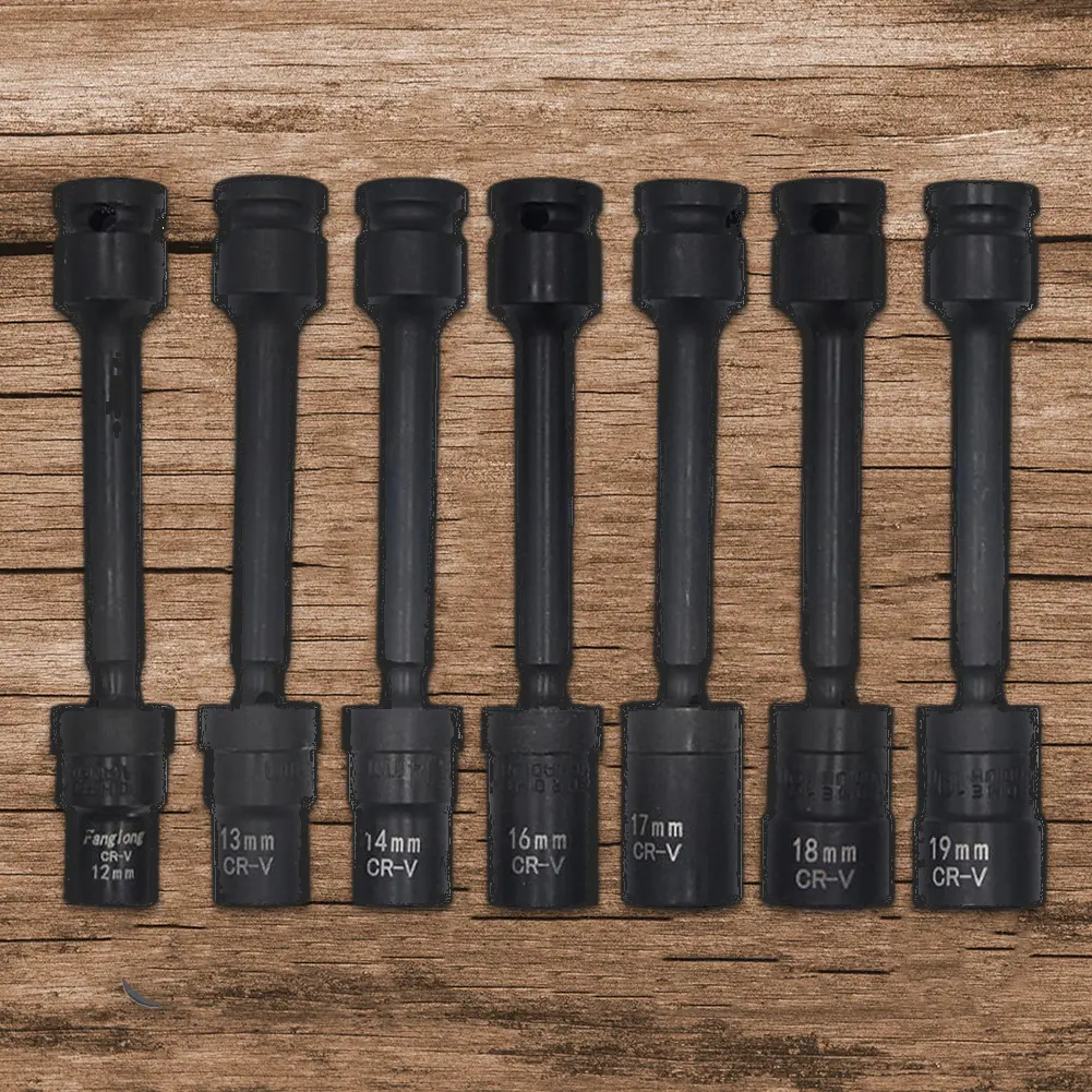 7pcs 1/2in Drive Swivel Impact Socket Set - 360° Rotatable Universal Wrench Extension Bar, 12/13/14/16/17/18/19mm Multi-Size Sockets for Hand Tools, Tire Changes, Swivel Socket Set