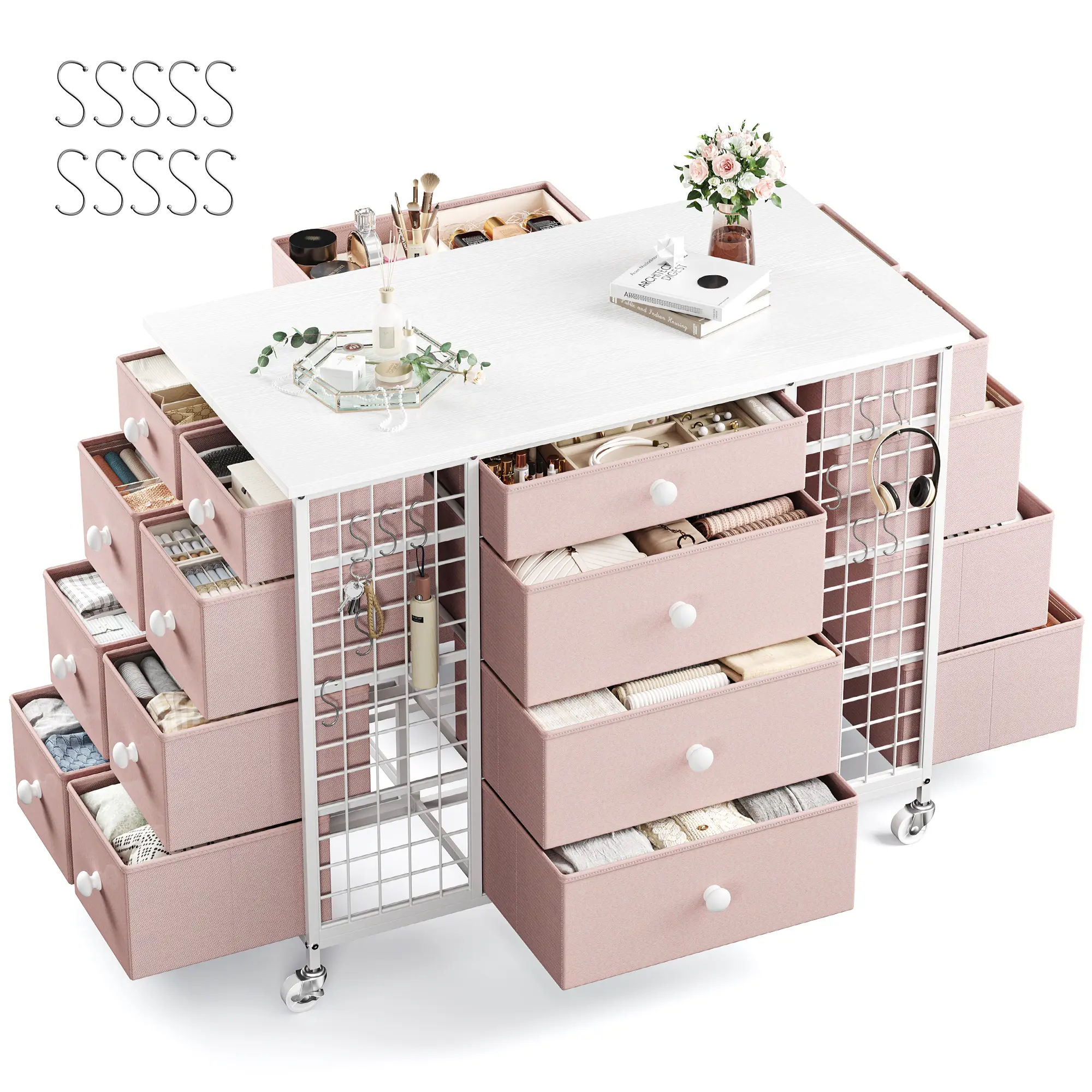 Closet Island with 24 Drawers,Wardrobe Armoire Bedroom Closet Drawer with Wheels & 40"* 23" Wide Wooden Top, White Drawer Dresser for Cloakroom,Dressing Room, Office and Cosmetic Room