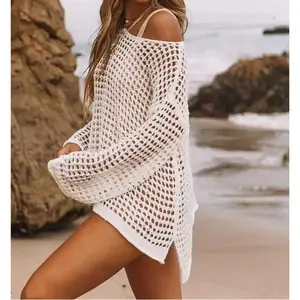 Summer New Solid Color Sexy Knitted Hollow Beach Cover-Up Bikini Swimwear Vacation White
