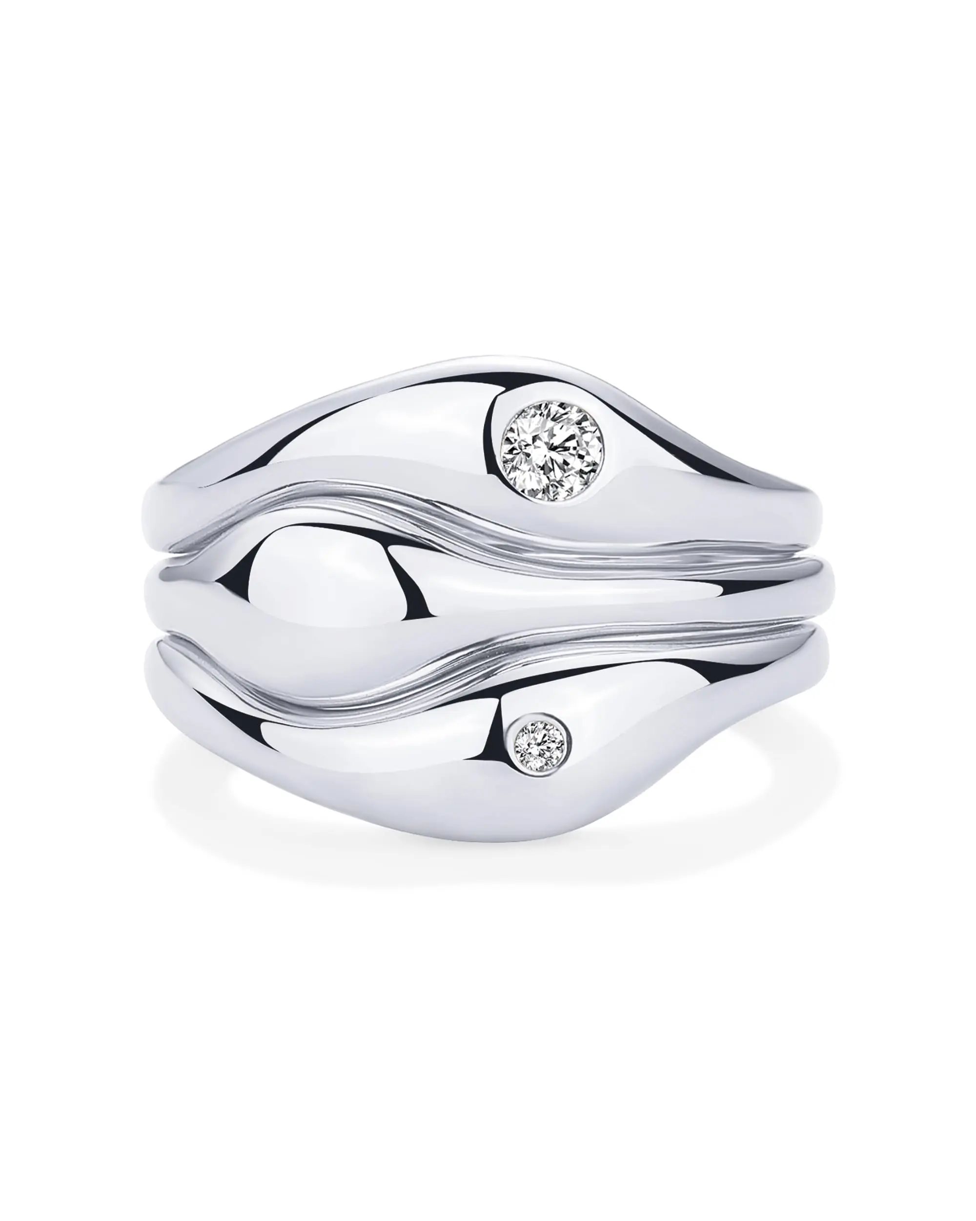 Women's Urban Trendly Rhodium-Plated Wavy Shape Triple Ring Stack - Size 7 Diamond Look CZ Costume Jewelry Rings, Triple Rings
