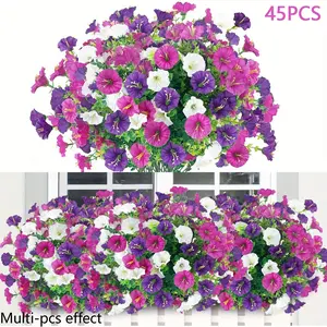 45PCS Artificial Low Petunias for Outdoor Use, Resistant to Wind And Rain, Vibrant Purple, Pink, White, And Green, High-Quality Plastic Hanging Decorations, Suitable for Balcony And Terrace Flower Boxes, Wedding And Event Arrangements