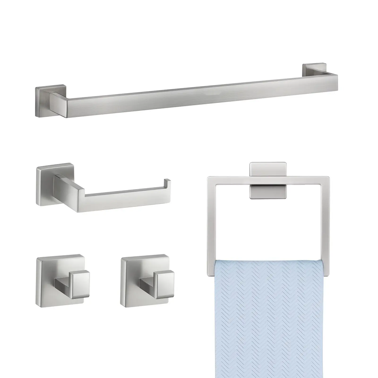 Brushed Nickel Bathroom Hardware Set, 5-Piece Stainless Steel Accessories Kit, 24-Inch Towel Bar, Towel Rack, 2 Robe Hooks, Toilet Paper Holder, Wall Mounted Bathroom Organizer, Durable, Rust-Resistant, Easy-Install, Space-Saving