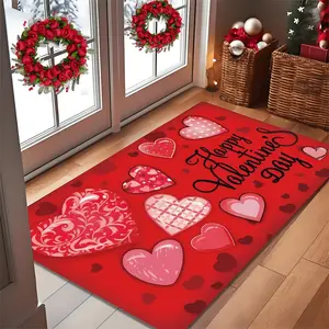 Valentine's Day Welcome Doormat - Love Theme, Non-Slip Polyester Flannel, Machine Washable, Stain & Water Resistant, Ideal for Home Entrance & Bathroom, Floor Mat