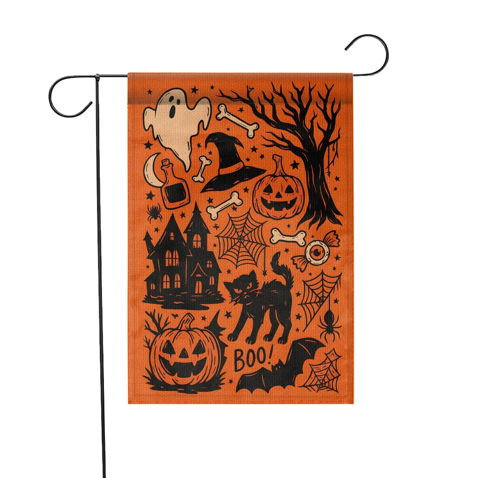 Vintage Halloween Garden Flag | Orange Black Cat Witch Yard Decor | Spooky Pumpkin BOO Banner