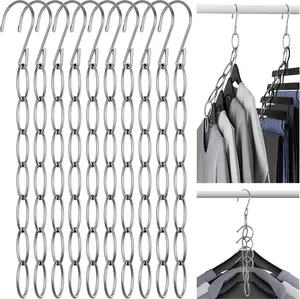 Metal Clothing Chain Hangers 10-Pack, Space Saving Closet Organizer with 7-Loop Foldable Design, Heavy Duty Wrinkle-Free Clothes Hanger Storage for College Dorm, Home, Travel & Cruise