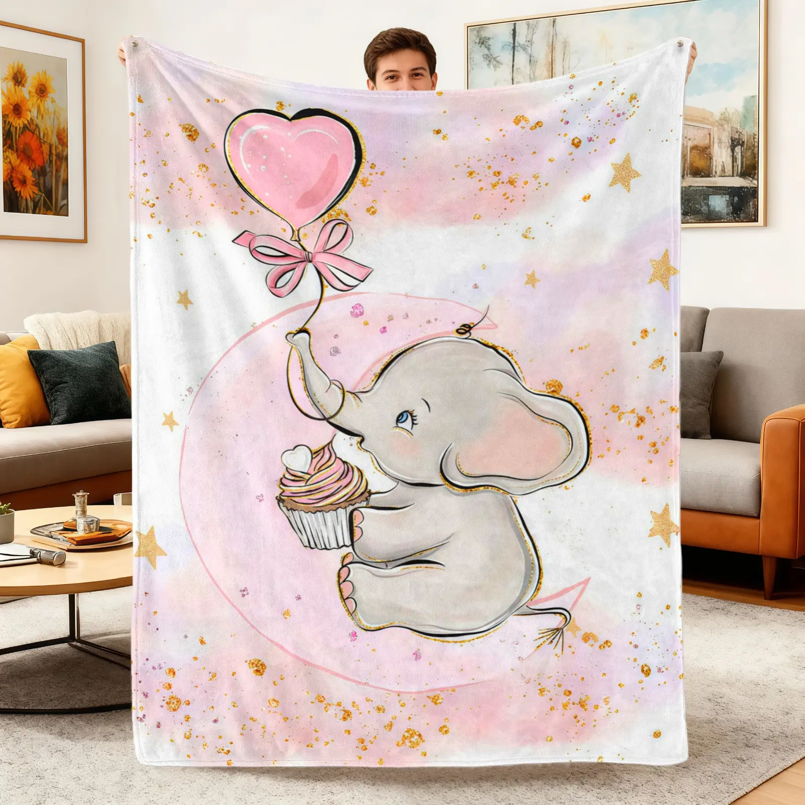 Cute Flannel Throw Blanket, Soft Comfortable Funny Elephant & Heart Balloon Pattern, Cozy for Home Sofa-Bed & Travel, Summerwins Christmas Gift for Friends, Cute Blankets