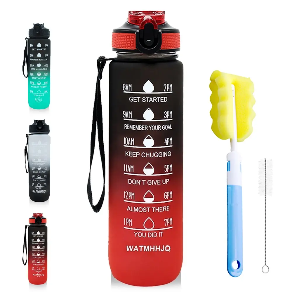 32oz Sports Water Bottle, with Drinking Time & Capacity Labels, Straw-Included Sport Cup for Fitness, BPA-Free Leak-Proof Running (Black Red)