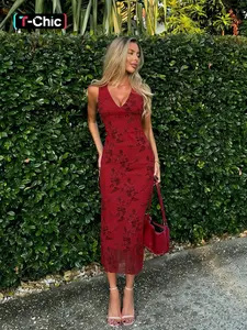 Women's Floral Print Knit Deep V Neck A Line Dress, Elegant Sleeveless Plunge Neck Bodycon Long Dress, Ladies Summer Clothes for Party Holiday Wedding Guest, Summer Dresses