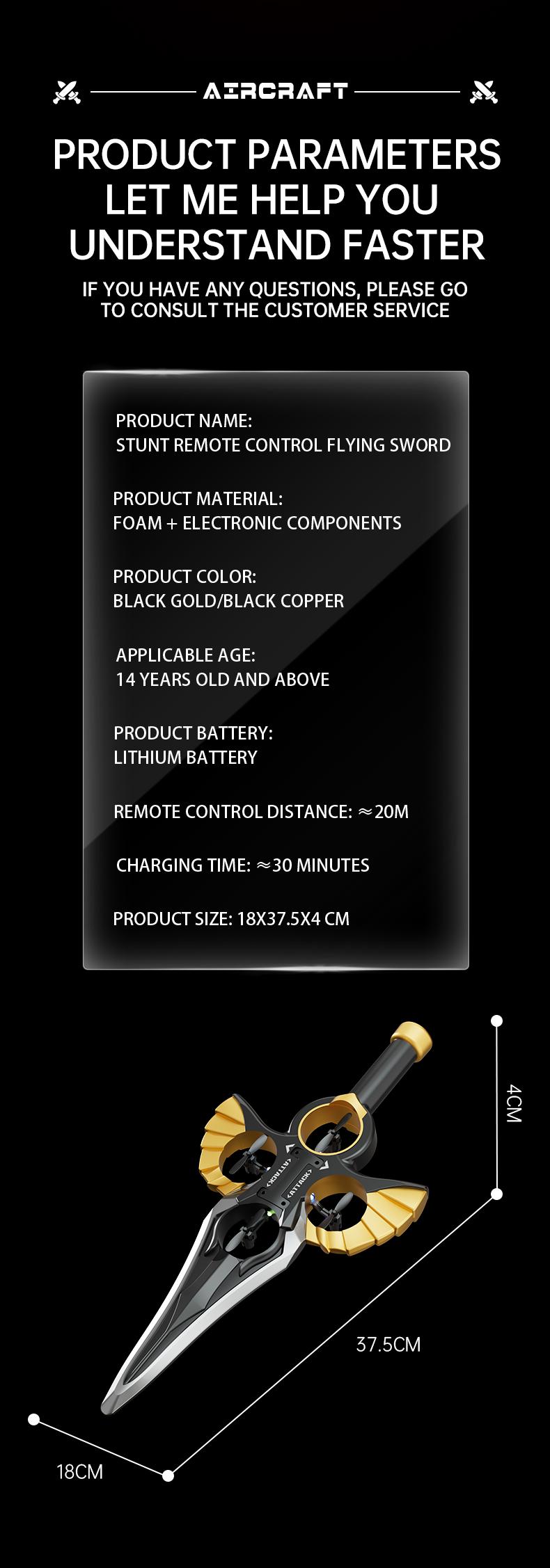 Flying Sword Drone Children's Toy- 2.4GRemote Control Foam Model AirplaneSwordhilt Design with One-Button Rotation &Barometric Lift Christmas