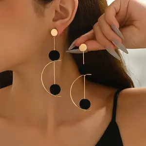 Women's Fashionable Drop Earrings - Geometric Discs with C-shaped Wires, Straight Lines, and Heart/Ball Pendants - Elegant Minimalist Costume Jewelry for Daily Wear, Parties